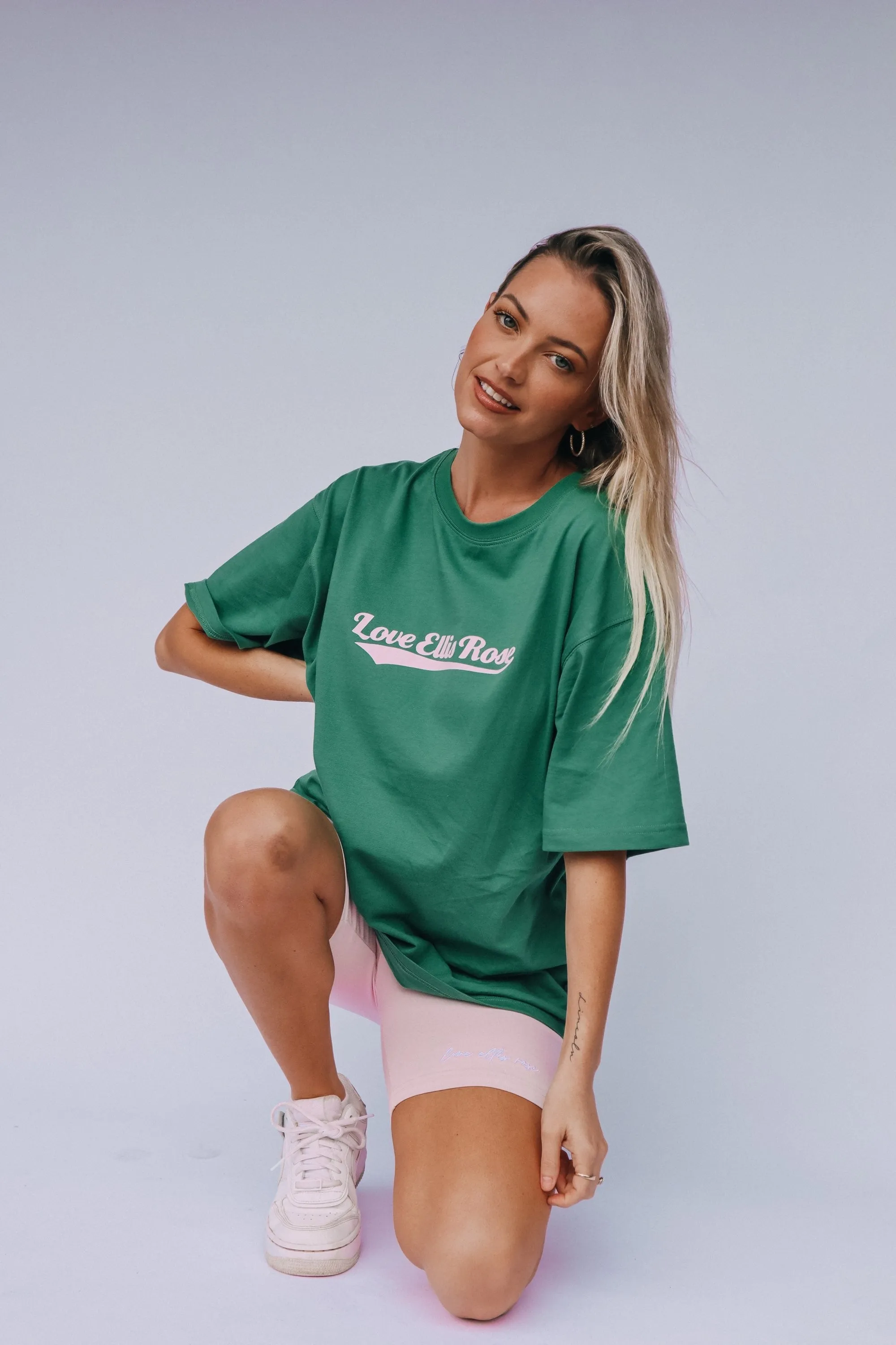 Love Ellis Rose Graphic Oversized Womens Tee - Green & Pink