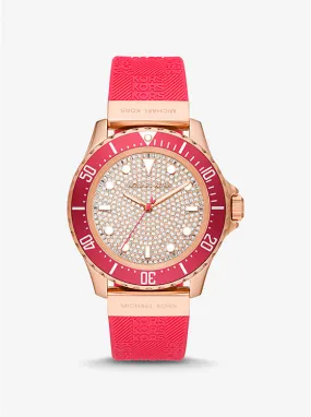 Michael Kors Women Oversized Slim Everest Pavé Rose-Gold Tone and Embossed Silicone Watch MK7359