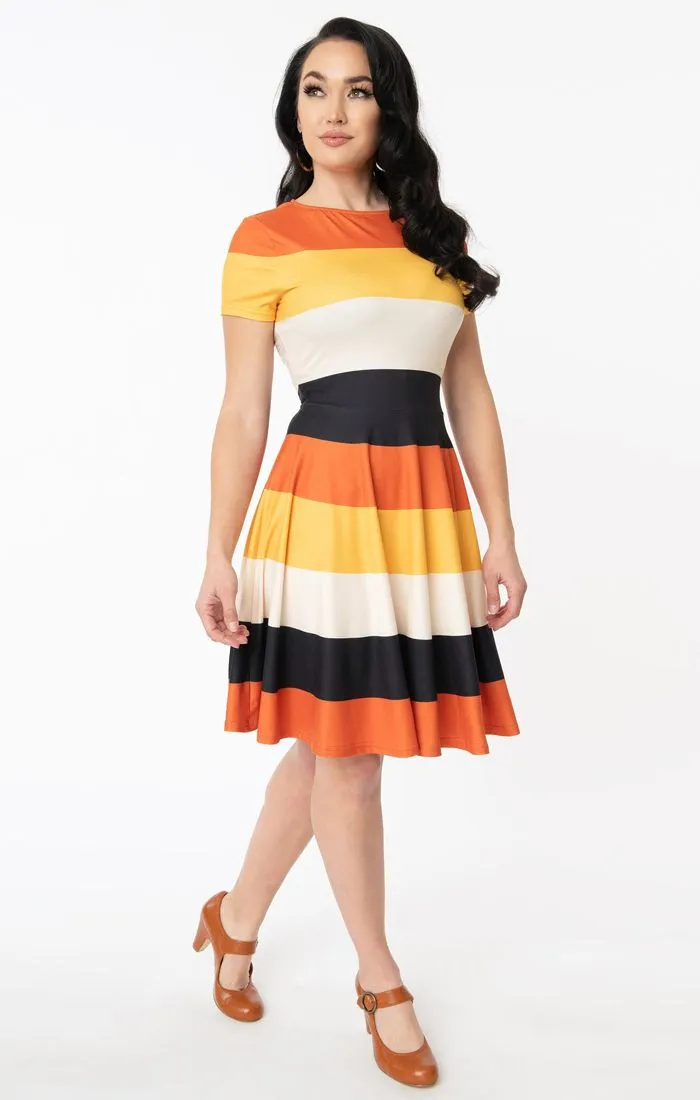 Orange Black Yellow And Ivory - "Candy Corn" Fit & Flare Swing Dress