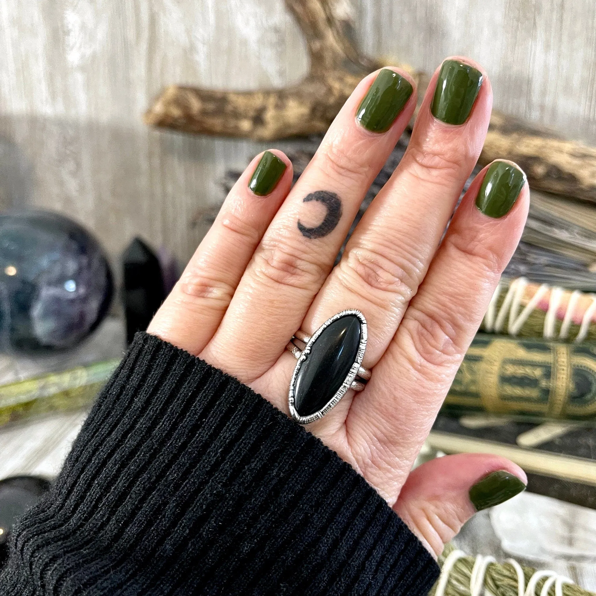 Oval Black Onyx Stone Ring in Fine Silver Size 6 7 8 9 / Foxlark Collection