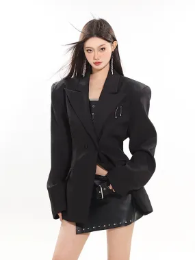 Oversized Double Breasted Boxy Blazer Suit with Metallic Brooch