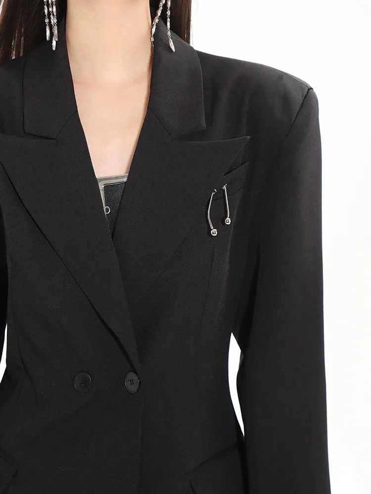 Oversized Double Breasted Boxy Blazer Suit with Metallic Brooch