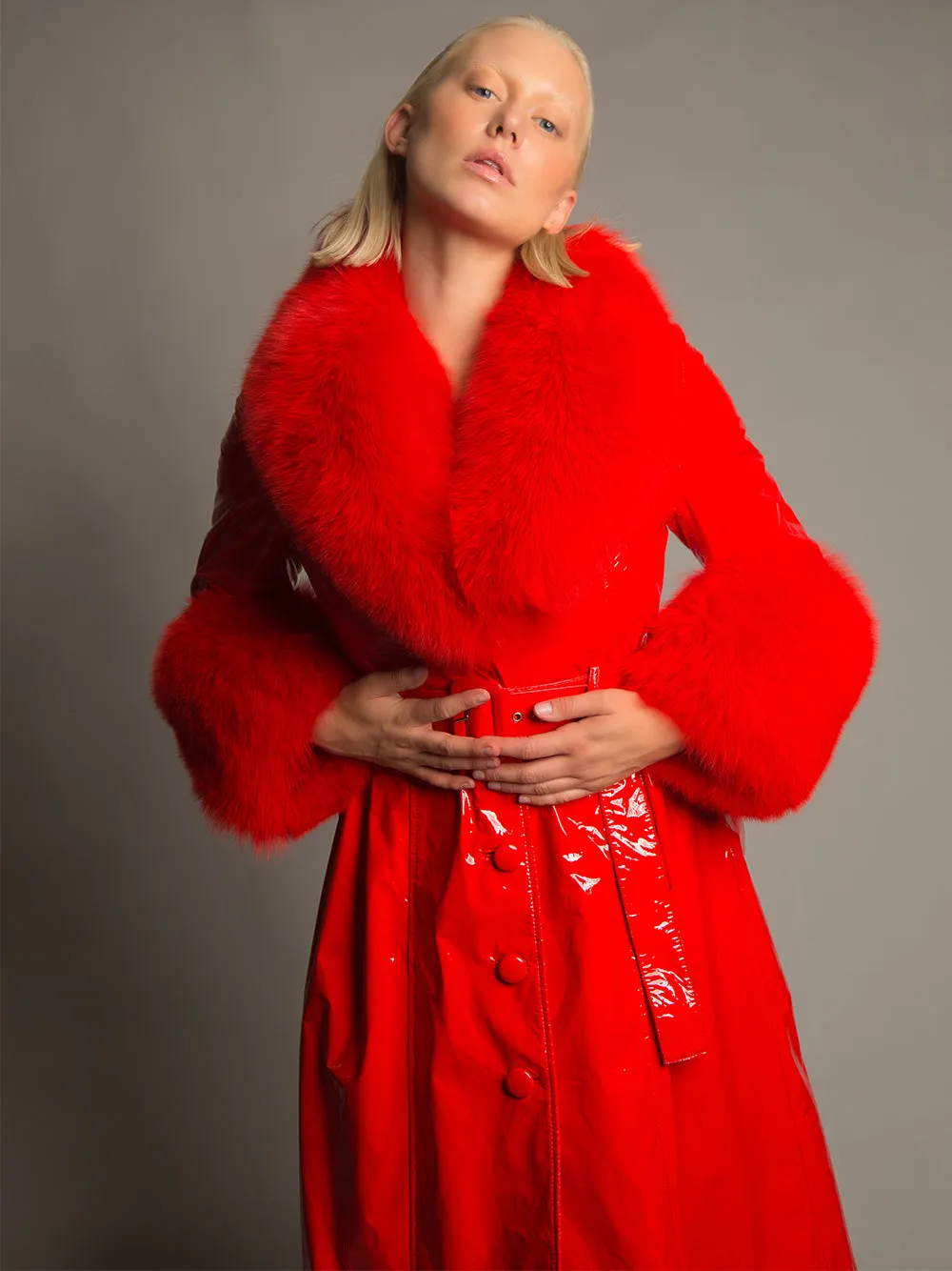 Patent Leather Coat w/ Fox Fur In Red