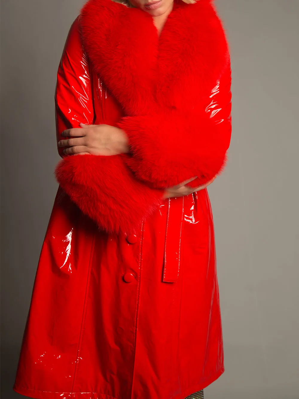 Patent Leather Coat w/ Fox Fur In Red