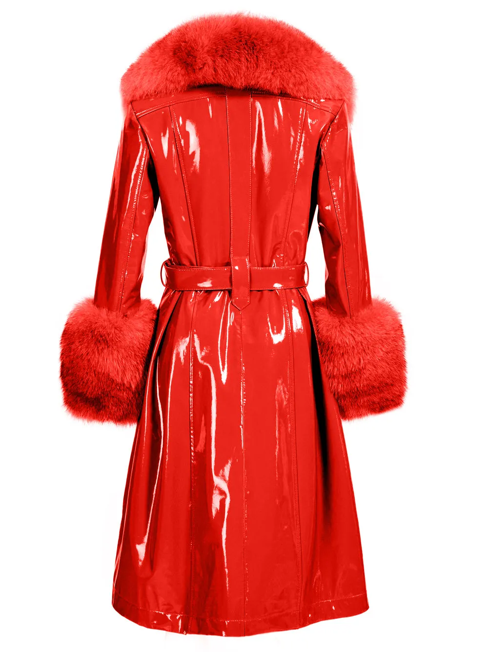 Patent Leather Coat w/ Fox Fur In Red