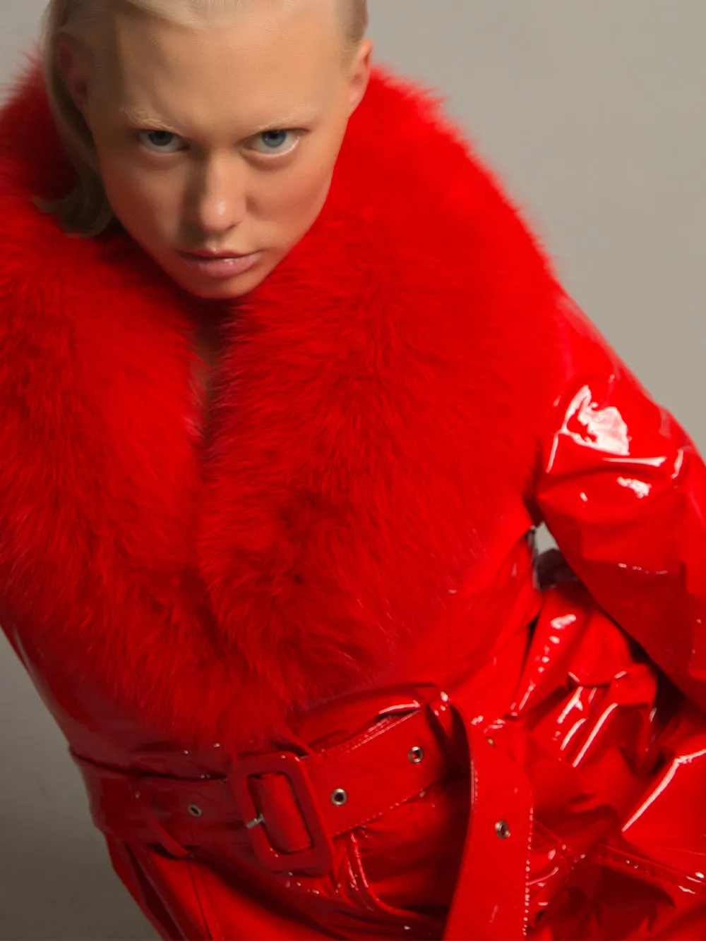 Patent Leather Coat w/ Fox Fur In Red