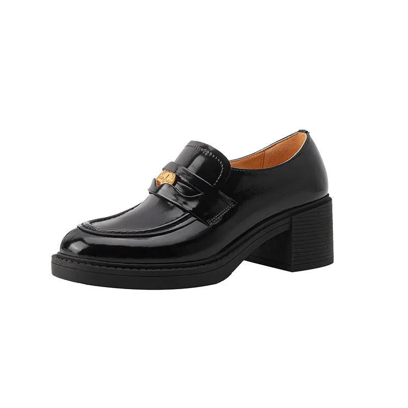 Patent Leather Penny Loafers for Women Block Heel in Coffee/Black