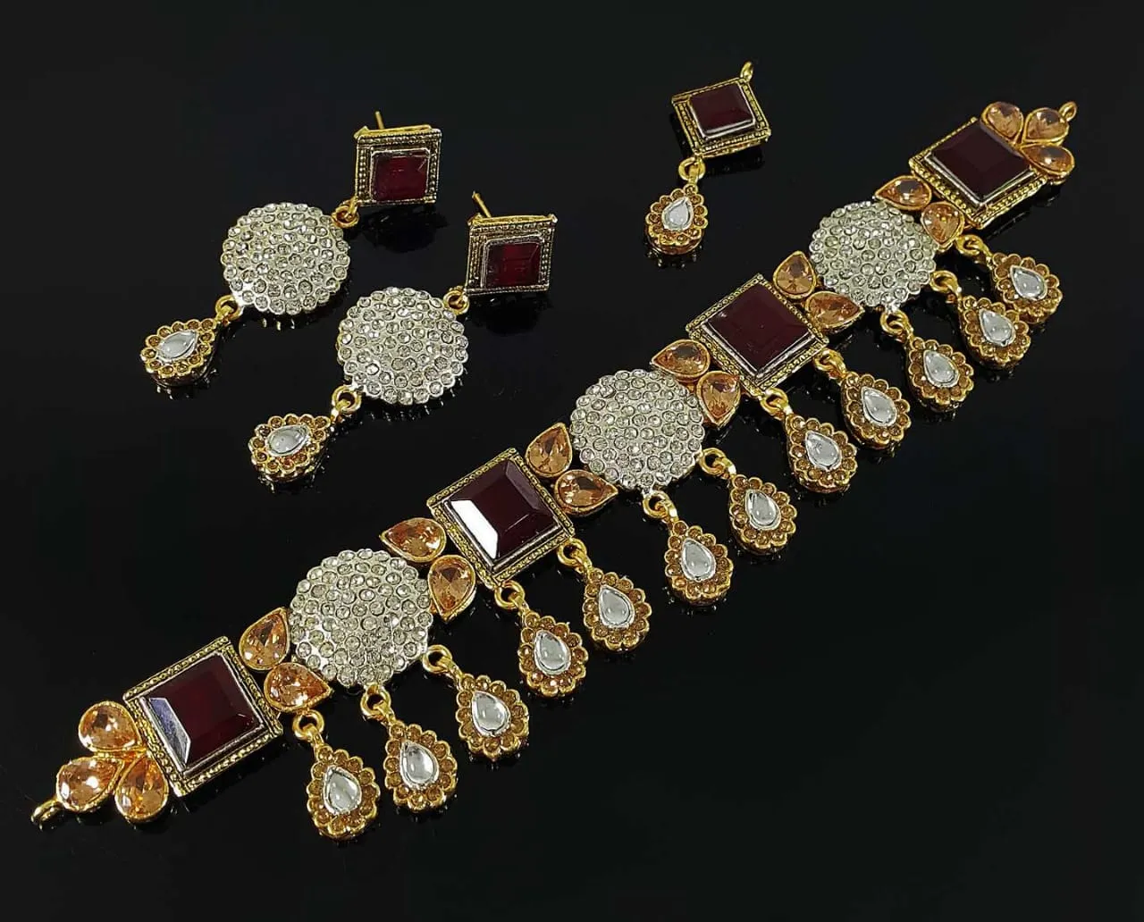 Peacock Style Jewelry in Golden base with multi-color precious stones