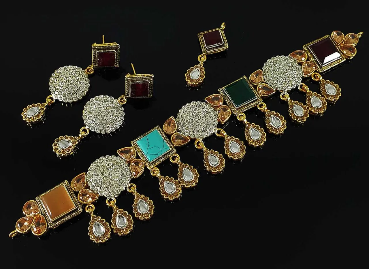 Peacock Style Jewelry in Golden base with multi-color precious stones