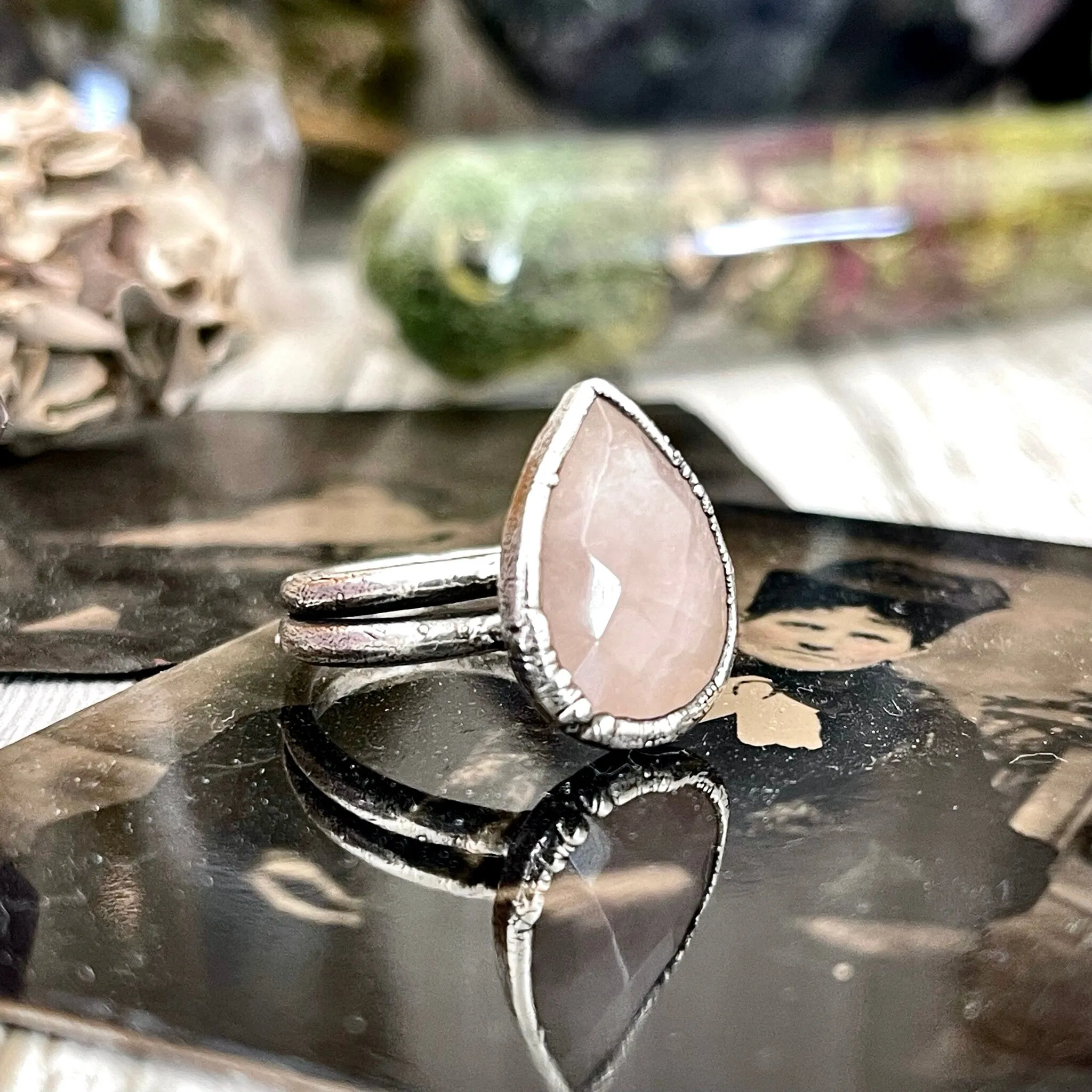 Rose Quartz Ring in Fine Silver, Pink Stone Statement Ring Size 6 7 8 9 / Foxlark Collection