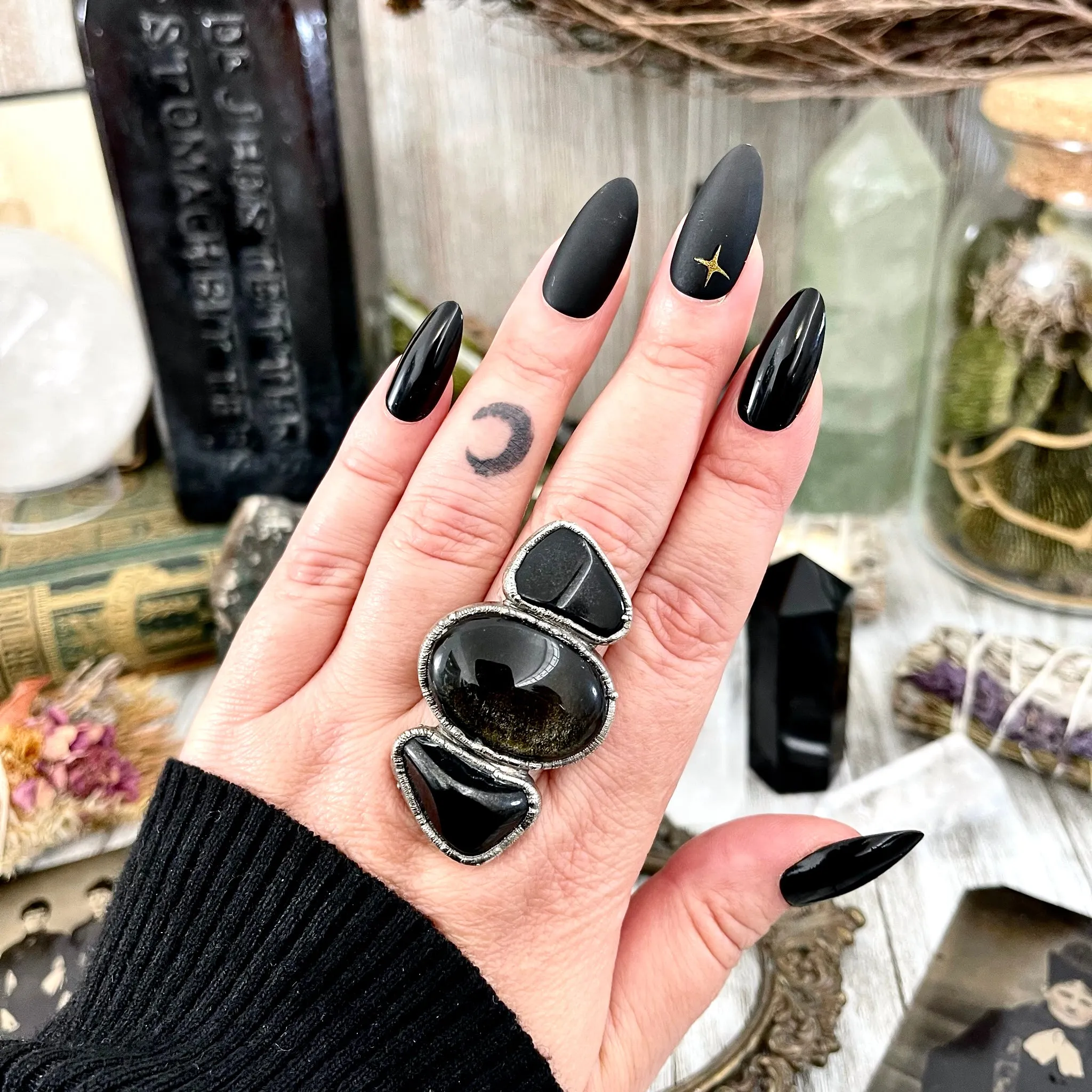 Size 10 Crystal Ring - Three Stone Ring Black Onyx & Silver Sheen Obsidian Silver Ring / Foxlark Collection - One of a Kind