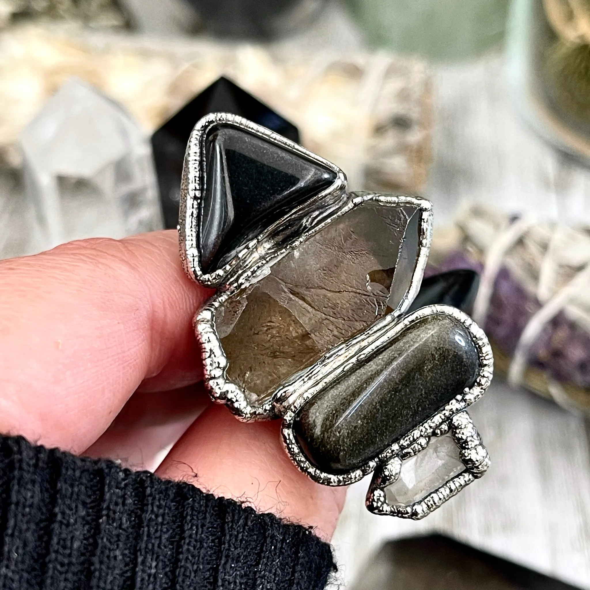 Size 10 - Four Stone Black Onyx Silver Sheen Obsidian Smokey Quartz Clear Quartz Ring In Silver  / Foxlark - One of a Kind