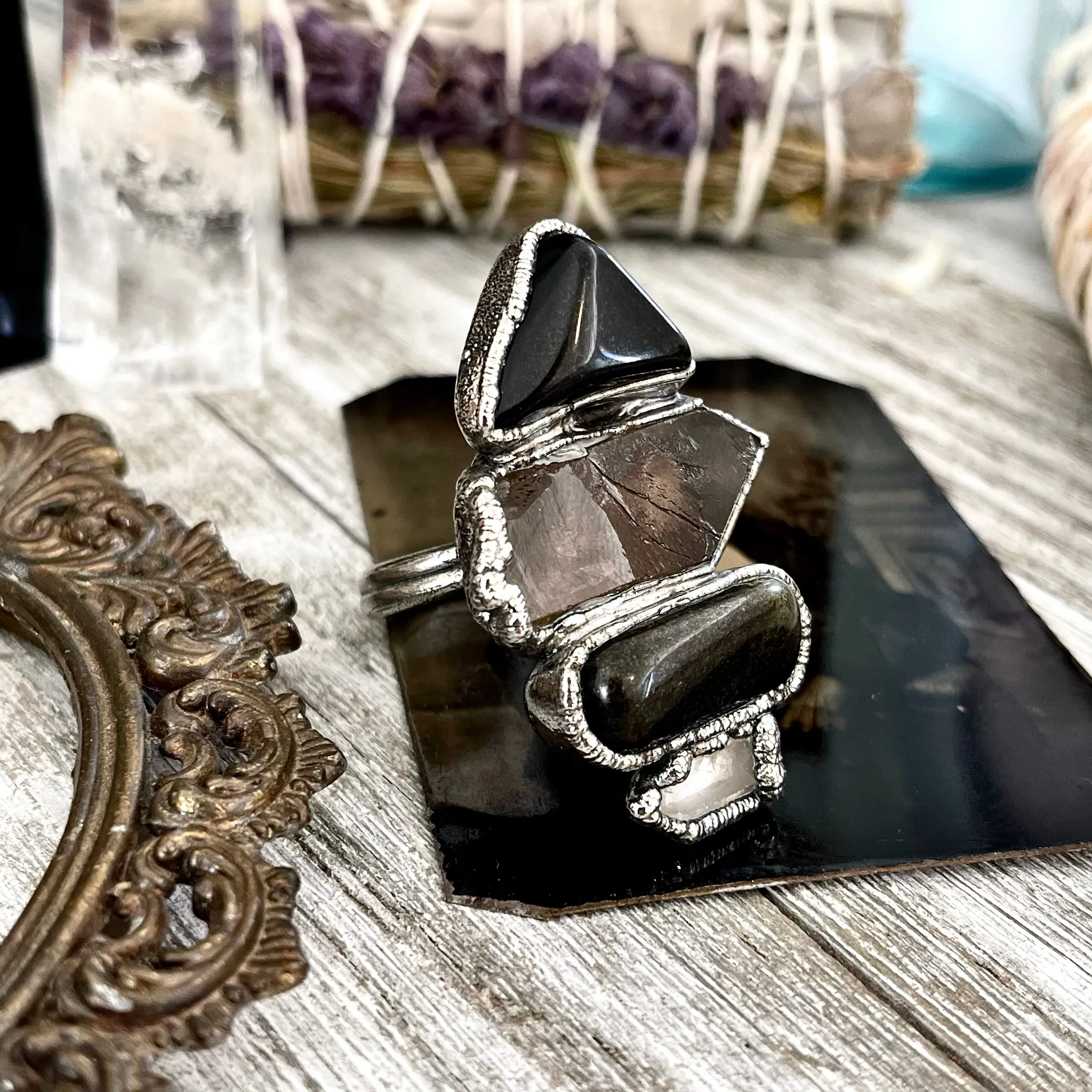 Size 10 - Four Stone Black Onyx Silver Sheen Obsidian Smokey Quartz Clear Quartz Ring In Silver  / Foxlark - One of a Kind