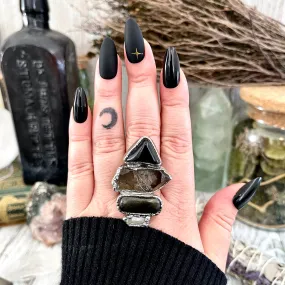 Size 10 - Four Stone Black Onyx Silver Sheen Obsidian Smokey Quartz Clear Quartz Ring In Silver  / Foxlark - One of a Kind