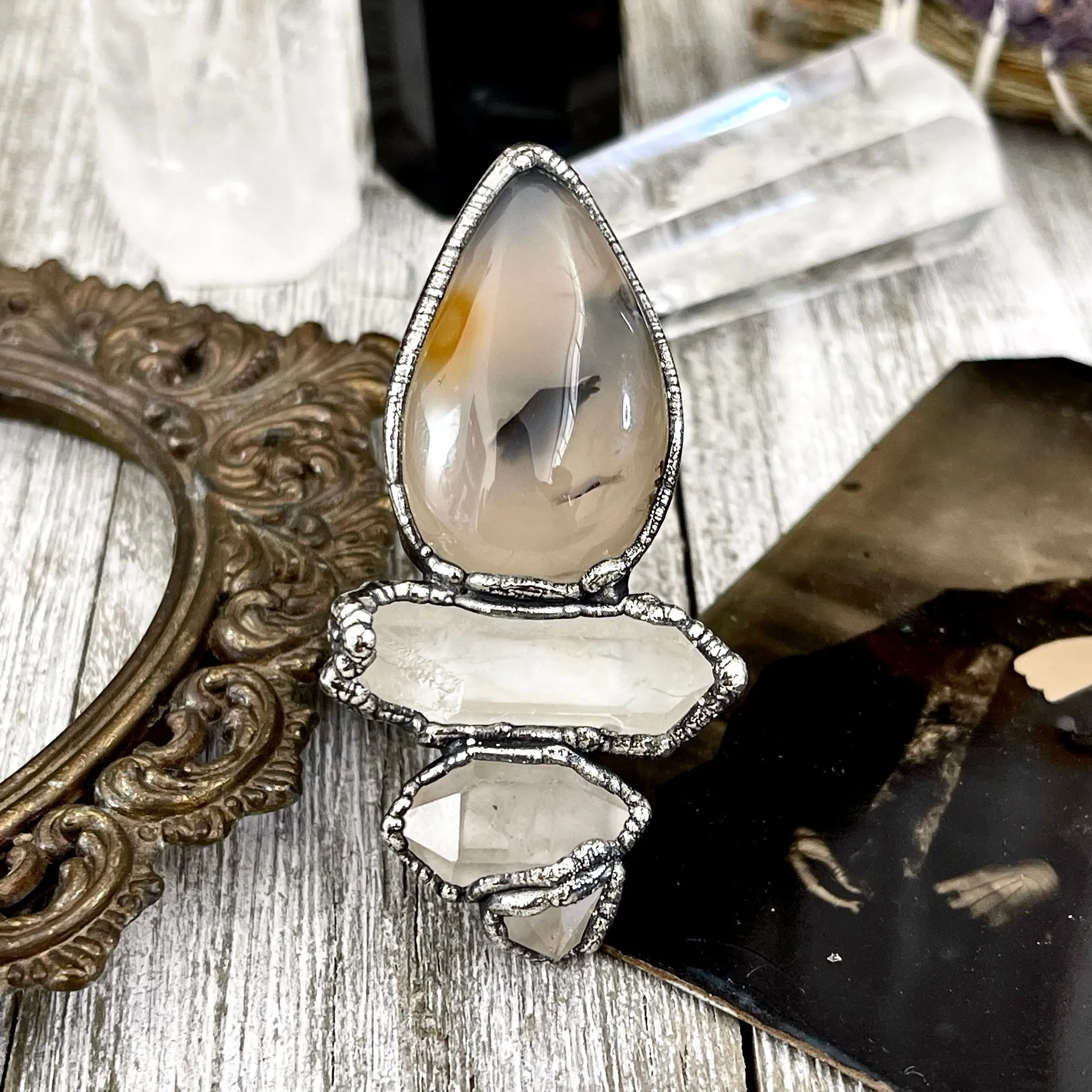 Size 6.5 Crystal Ring - Three Stone Ring Dendritic Agate Clear Quartz Silver Ring / Foxlark Collection - One of a Kind Jewelry