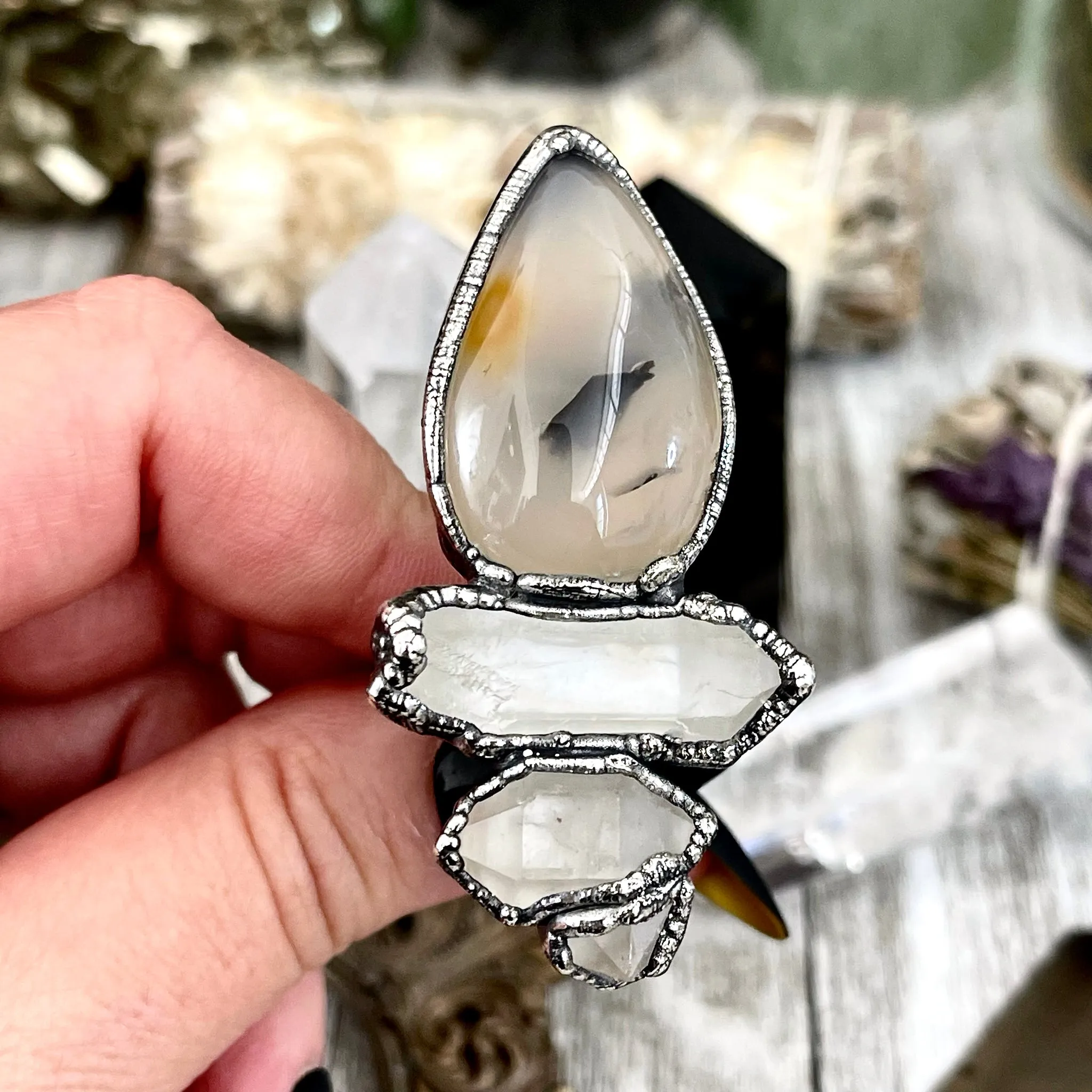 Size 6.5 Crystal Ring - Three Stone Ring Dendritic Agate Clear Quartz Silver Ring / Foxlark Collection - One of a Kind Jewelry