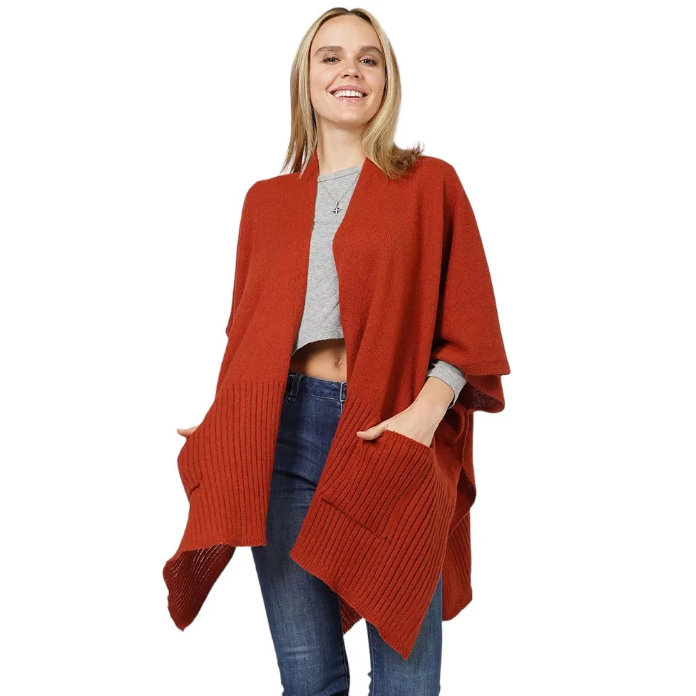 Solid Knit Front Pockets Vest Poncho