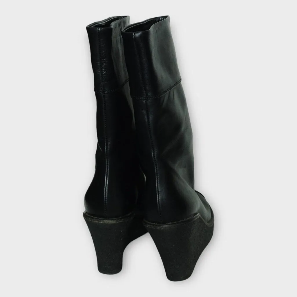 Sonia Rykiel Black Leather Mid Calf Wedge Heel Boots