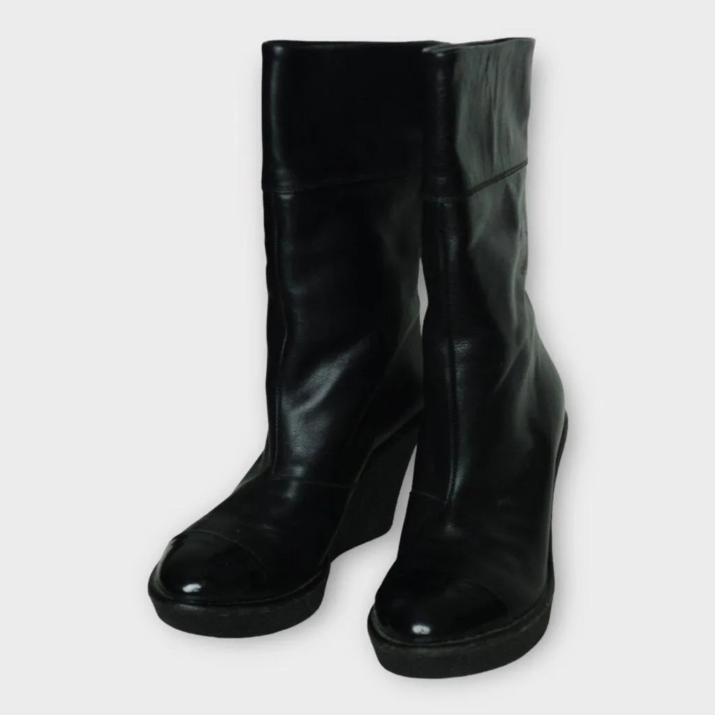 Sonia Rykiel Black Leather Mid Calf Wedge Heel Boots