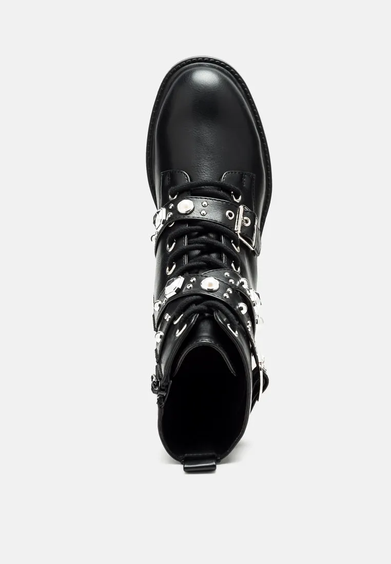 Tucker Studded Strped Lace-Up Biker Boots By Ruw