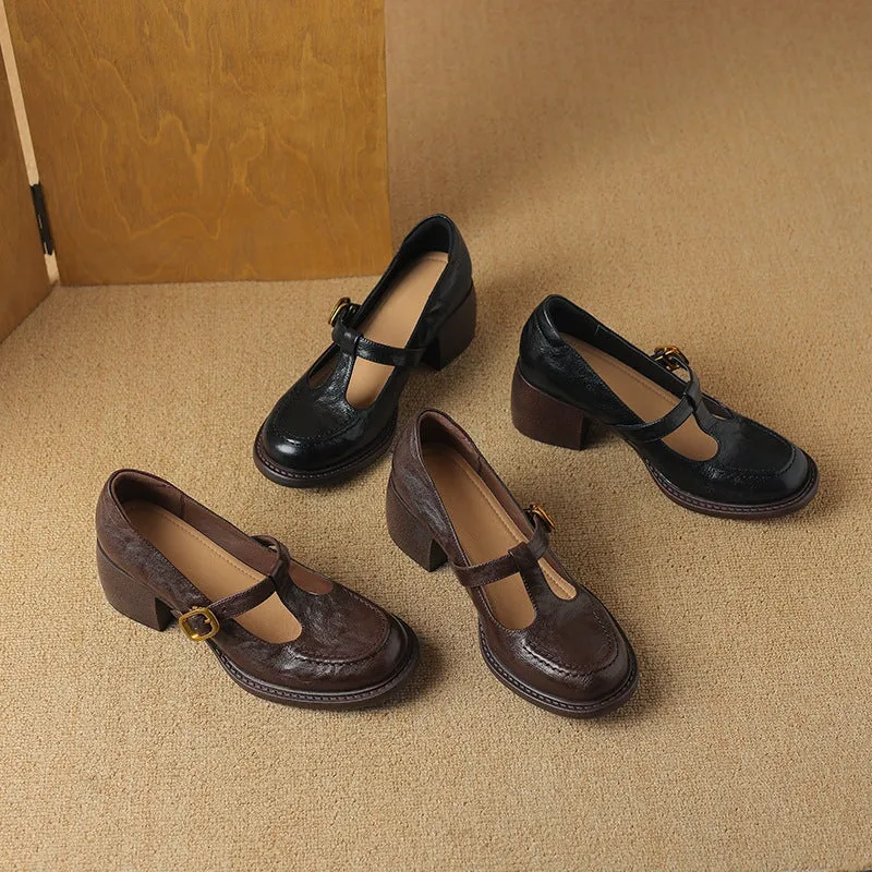 Vintage British Style Handmade Sheepskin Mary Jane T-Strap Round Toe Pumps in Brown/Black