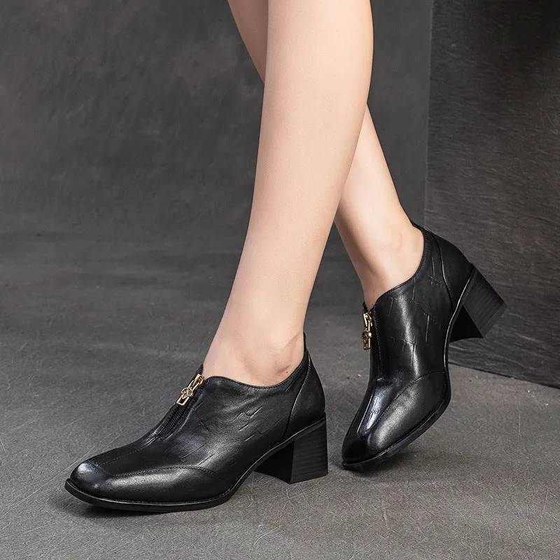 Women Vintage Leather Square Head Front Zipper Pumps