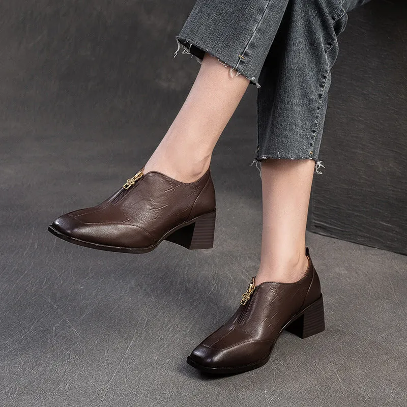 Women Vintage Leather Square Head Front Zipper Pumps